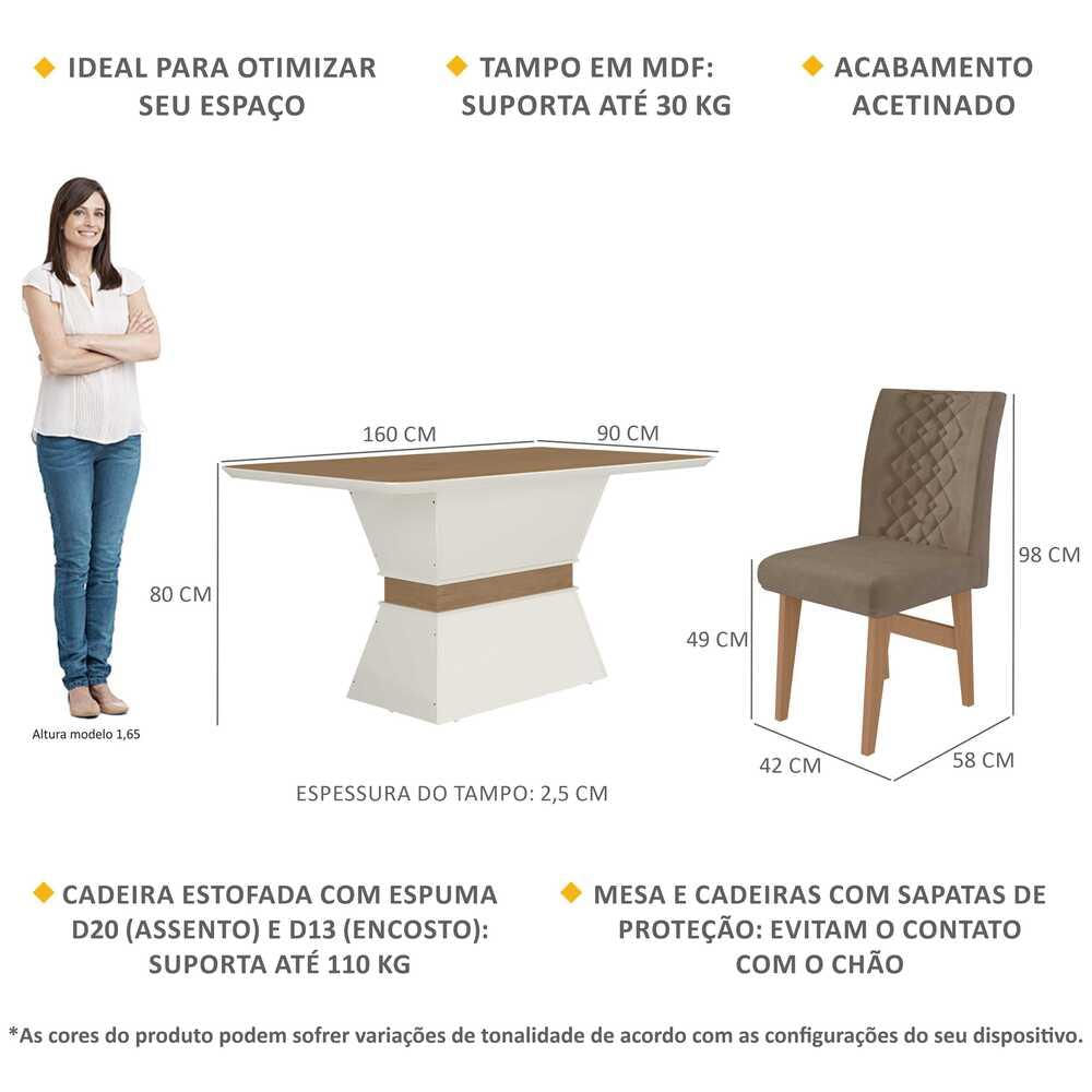 Conjunto Mesa de Jantar 160 cm com 6 cadeiras Nairobi Multimóveis EX1011 Madeirado/Off White/Castor