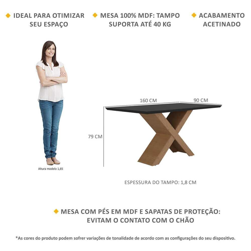 Mesa de Jantar 160 cm Lisboa Multimóveis EX2002 Madeirada/Preta