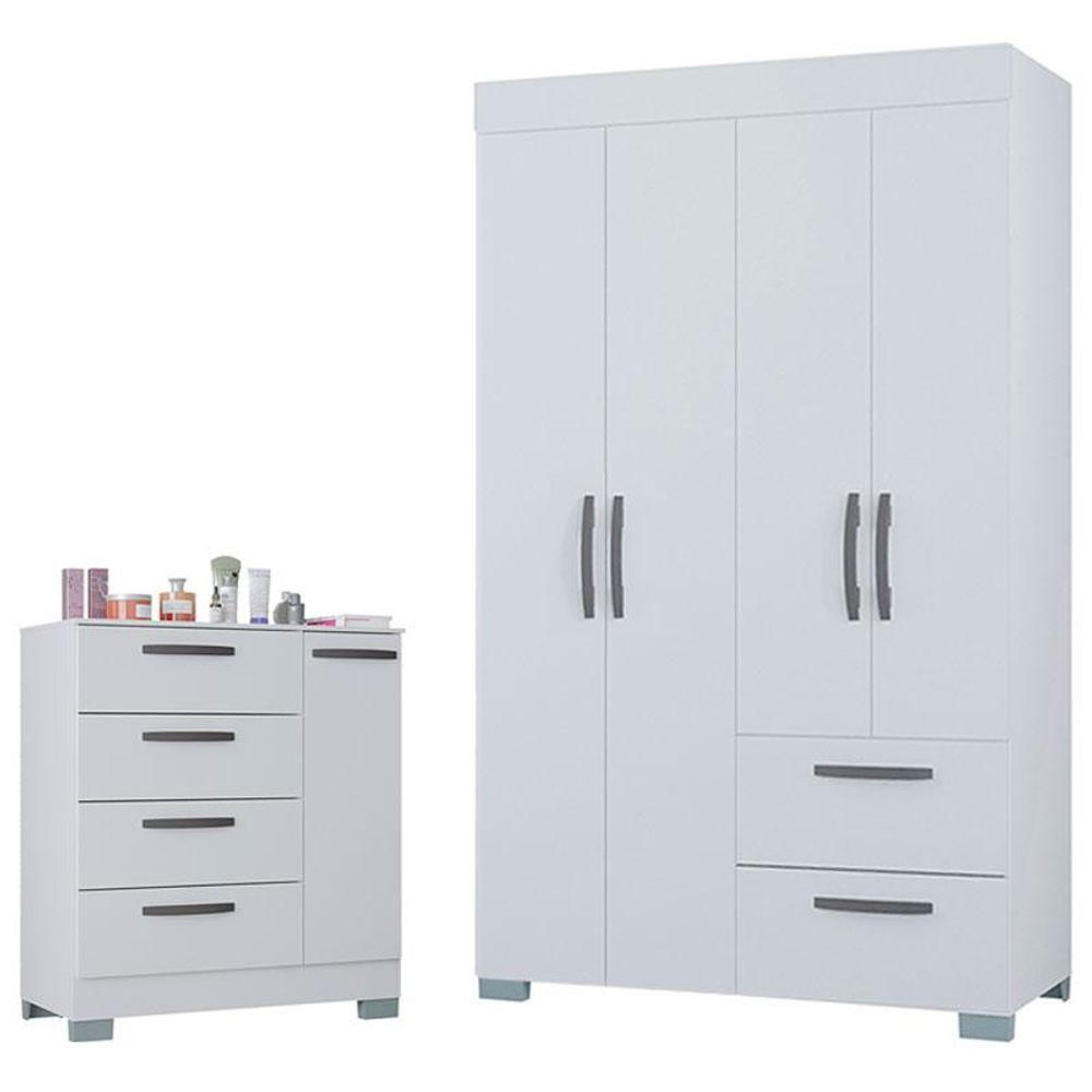 Cômoda 868 4 Gavetas E 1 Porta Com Guarda Roupa Solteiro Tóquio 4 Portas Branco Brilho - Poquema