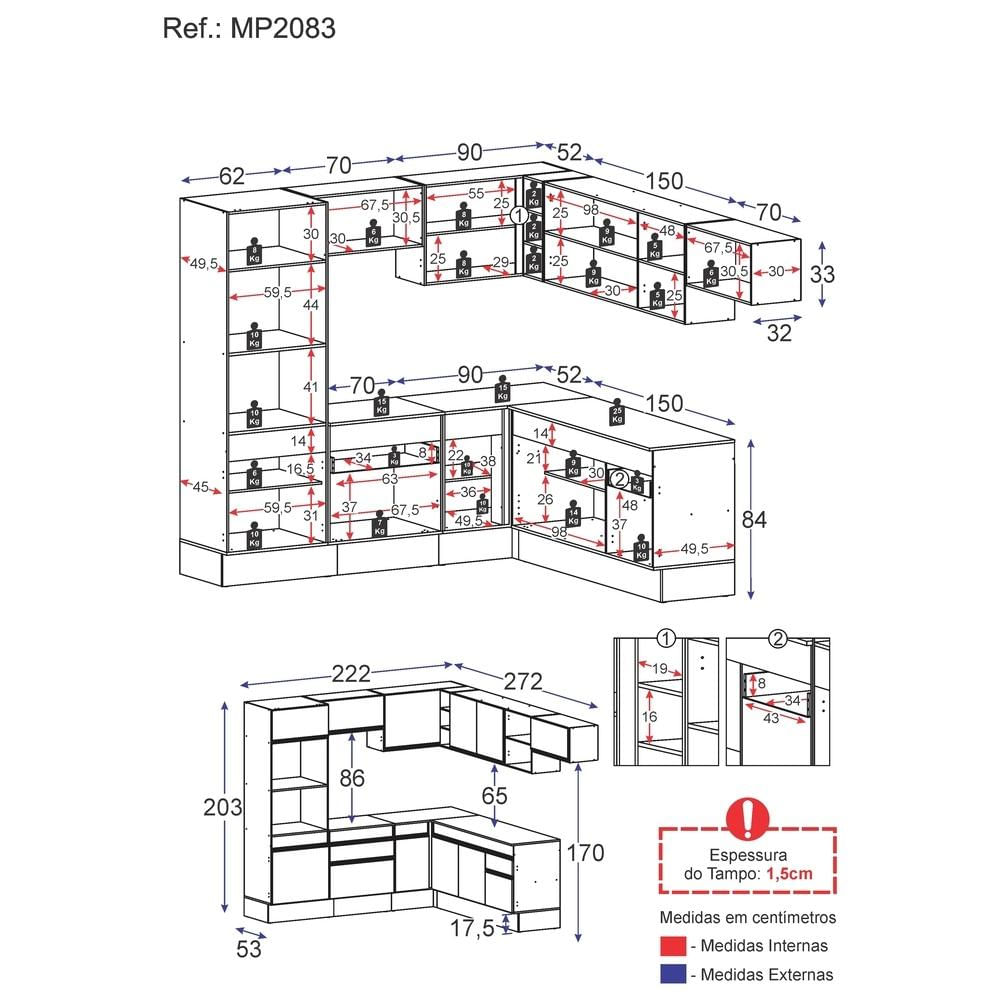 Armário de Cozinha Completa de Canto com Rodapé Veneza Multimóveis MP2083.898 Preto/Branco