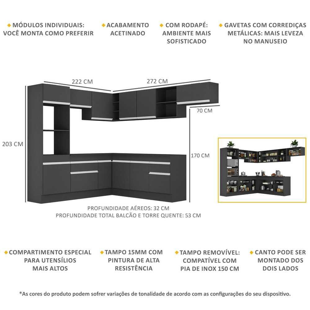 Armário de Cozinha Completa de Canto com Rodapé Veneza Multimóveis MP2083.898 Preto/Branco