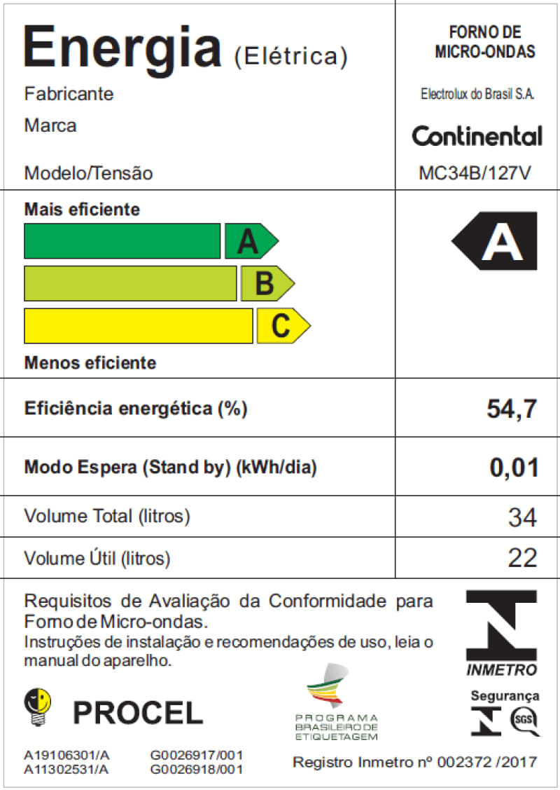 Micro-ondas Continental Branco 34 Litros com Função Descongelar (MC34B) 127V