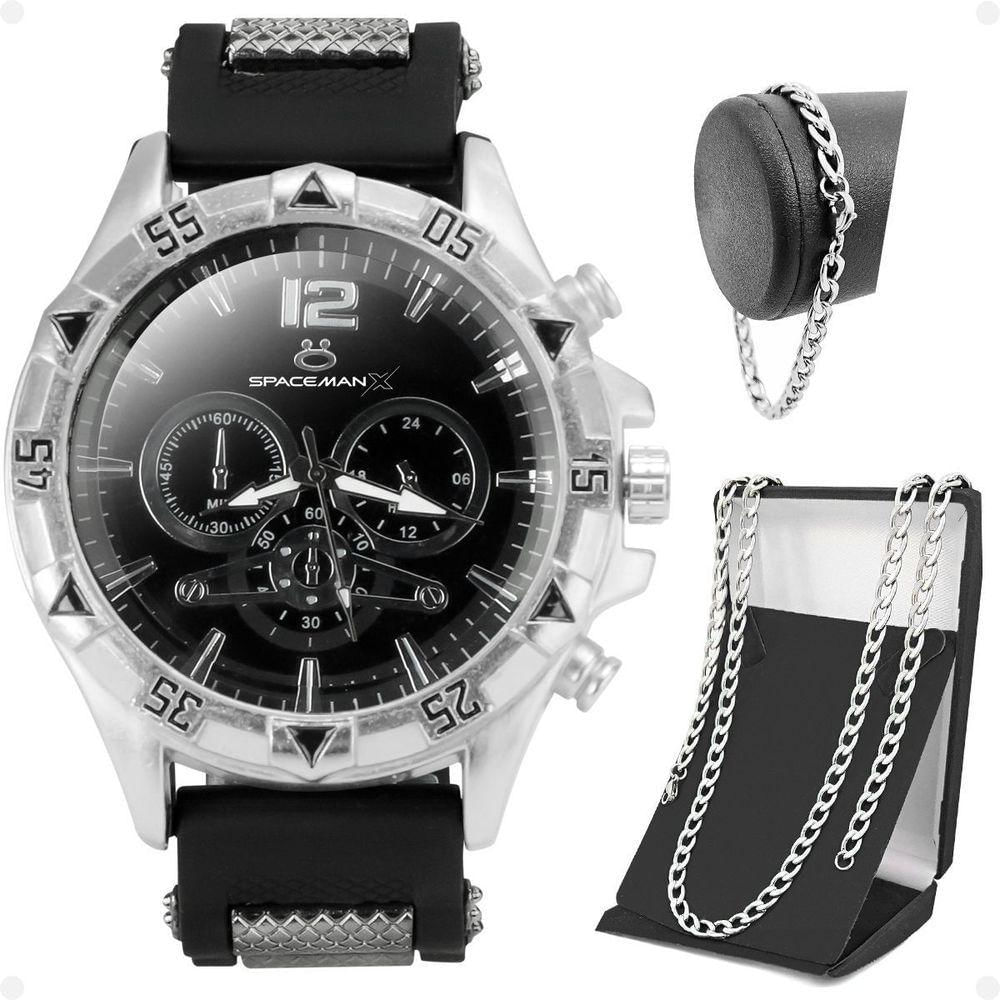 Relogio Masculino Aço Inox + Cordão Prata Grumet + Pulseira Casual Black Piano Qualidade Premium