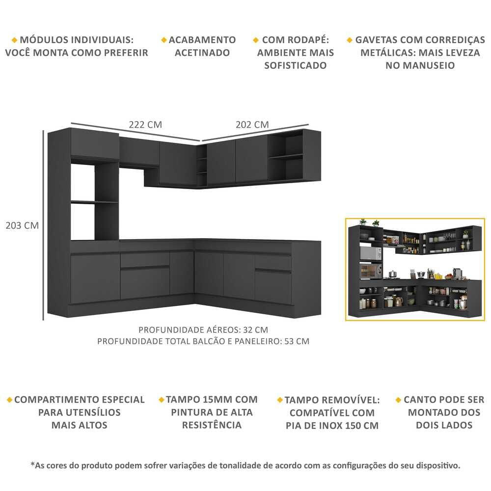 Armário de Cozinha Completa de Canto com Rodapé Veneza Multimóveis MP2080.895 Preto