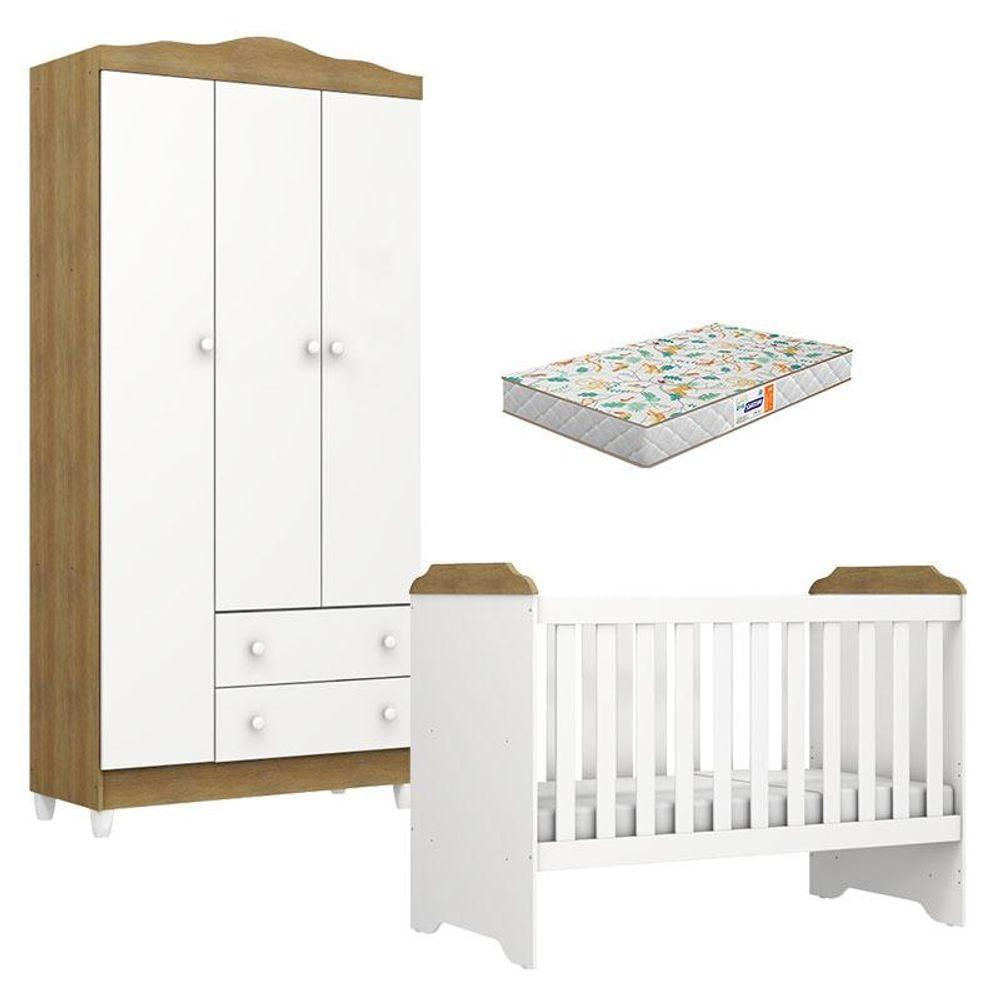 Berço Americano Mini Cama E Guarda Roupa Mel Flat Branco Acetinado Amadeirado Com Colchão Gazin - Carolina