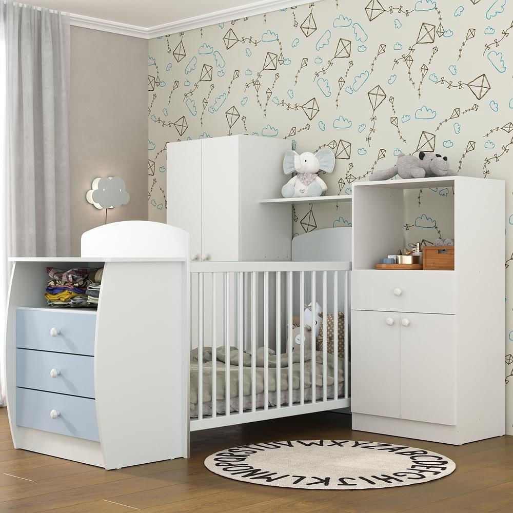 Quarto Infantil com Berço-Cômoda Laura Multimóveis Branco/Azul