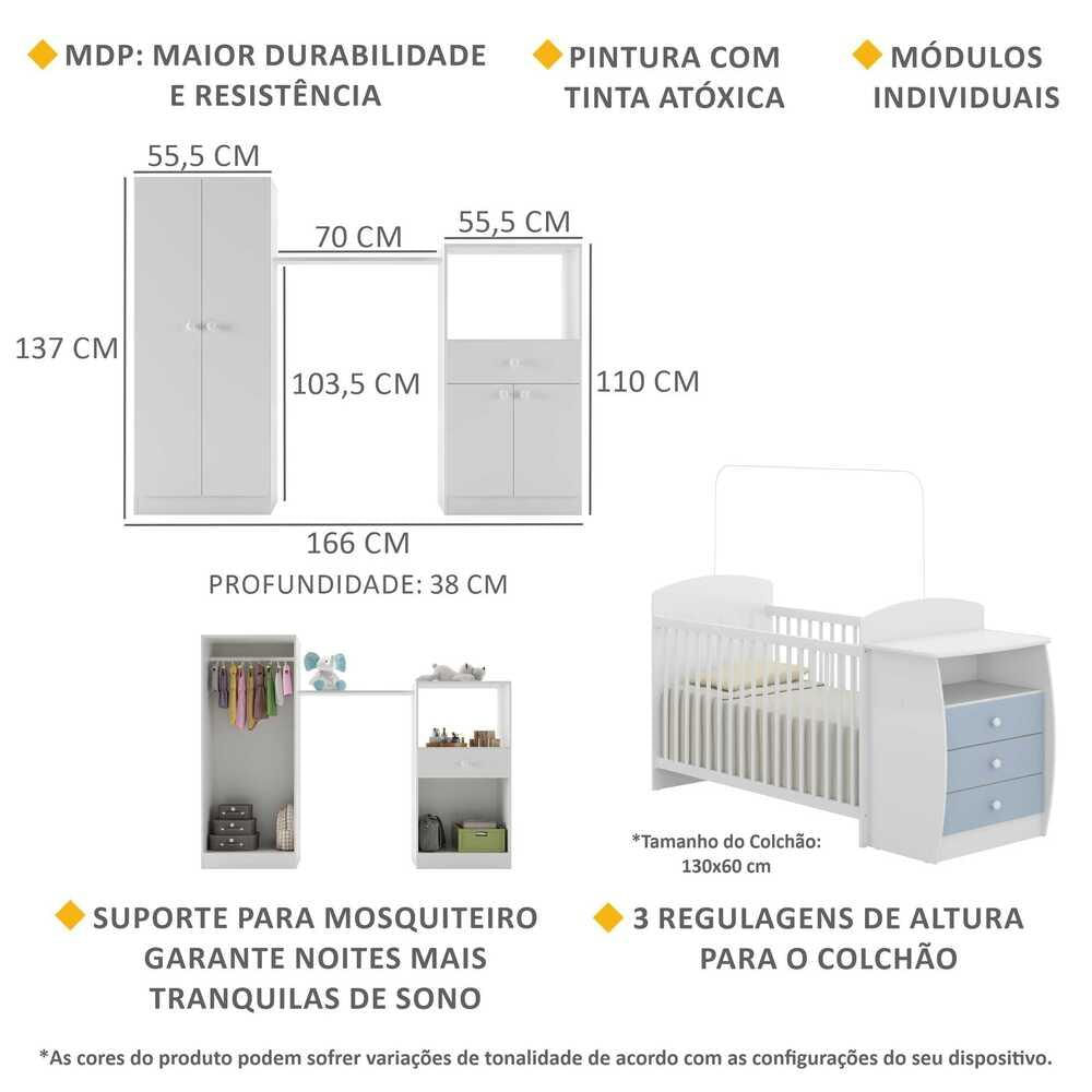 Quarto Infantil com Berço-Cômoda Laura Multimóveis Branco/Azul