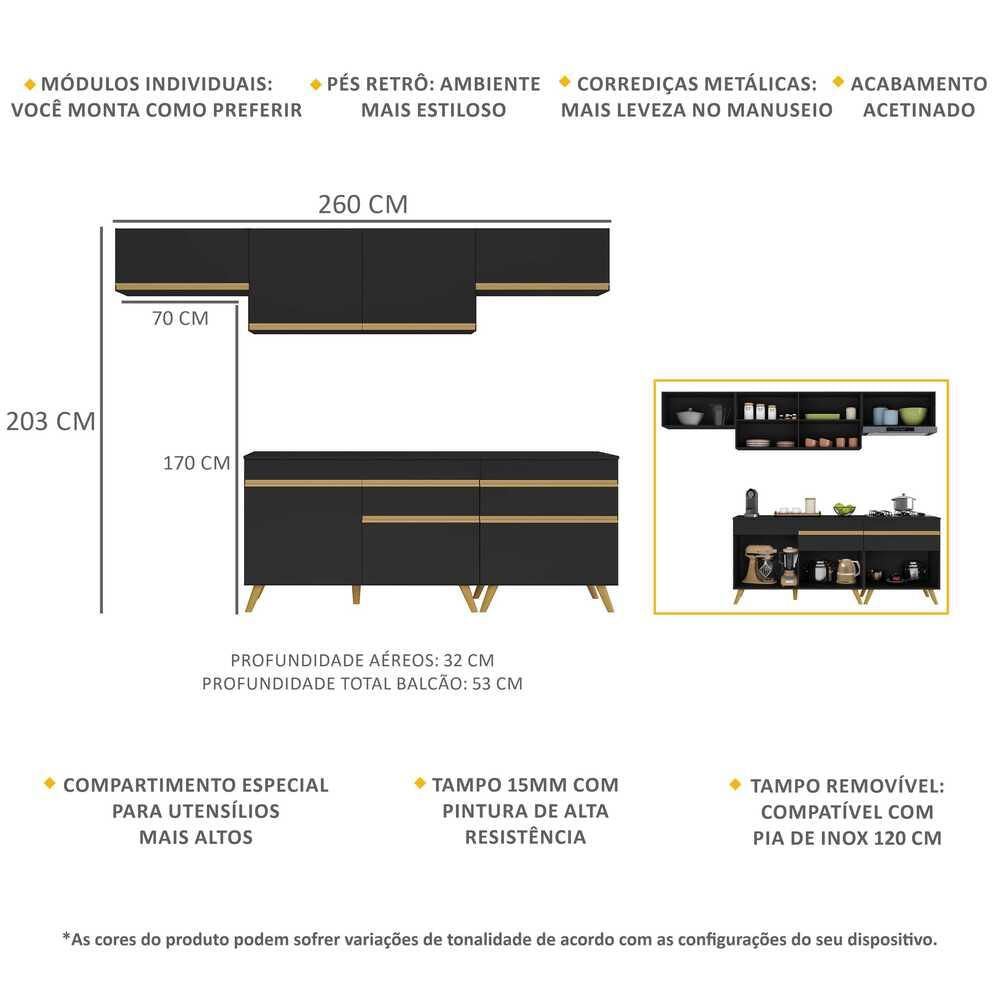 Armário de Cozinha Completa Multimóveis Veneza GB FG3708 Preta