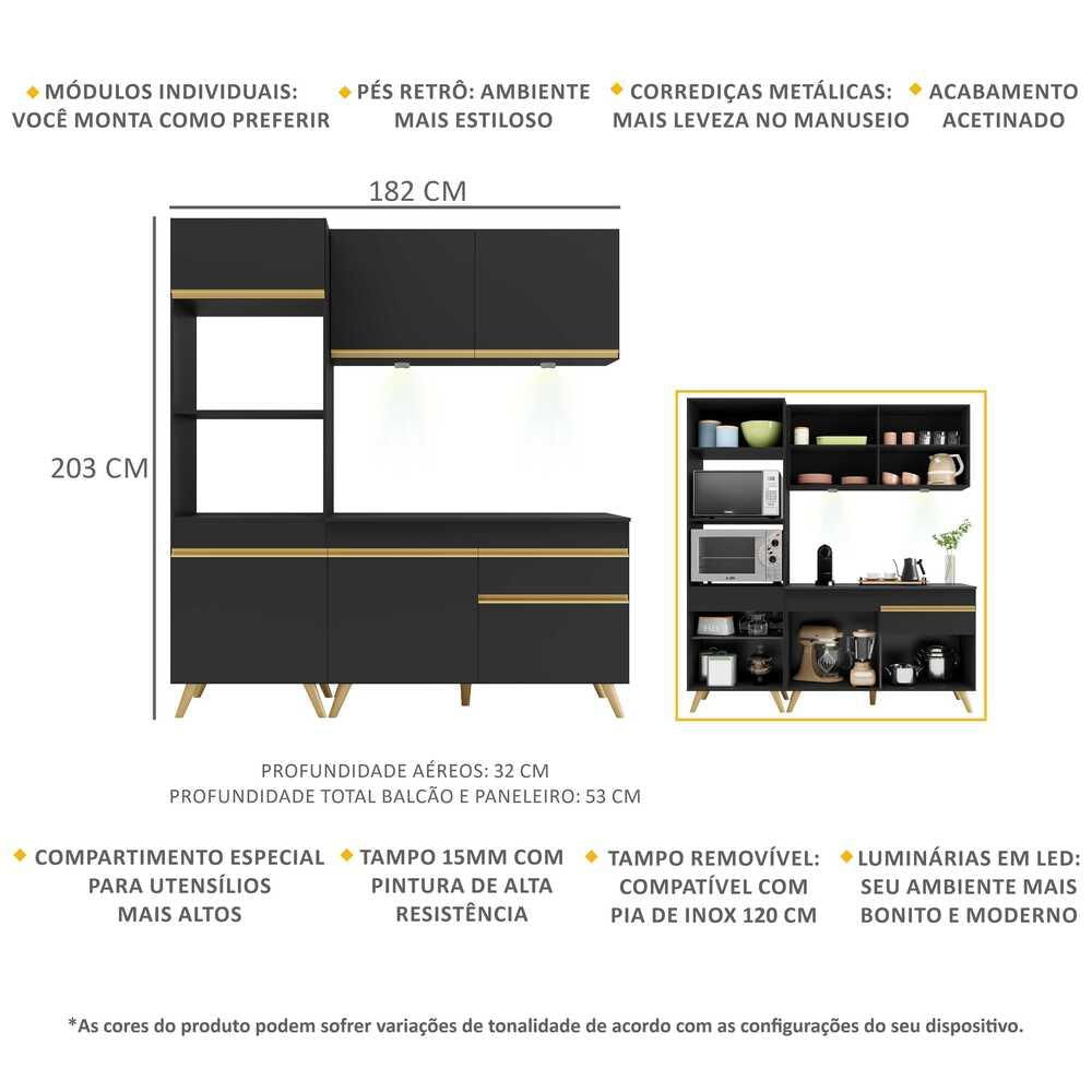 Armário de Cozinha Compacta 3 peças com Leds MP2019 Veneza Up Multimóveis Preta