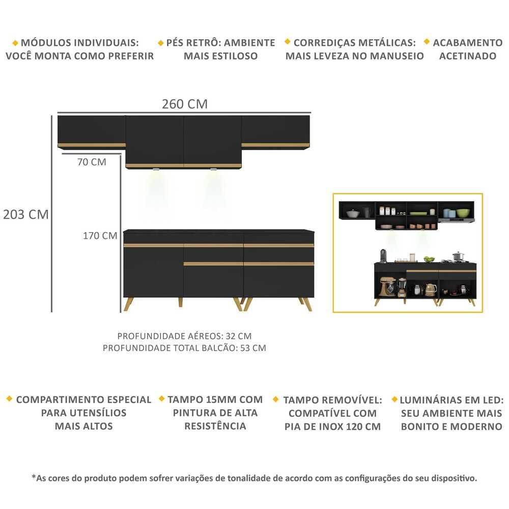 Armário de Cozinha Completa 5 peças com Leds MP2032 Veneza Up Multimóveis Preta