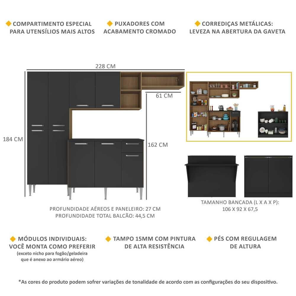 Armário de Cozinha Completa com Bancada Paris Multimóveis MP2044 Madeirada/Preta