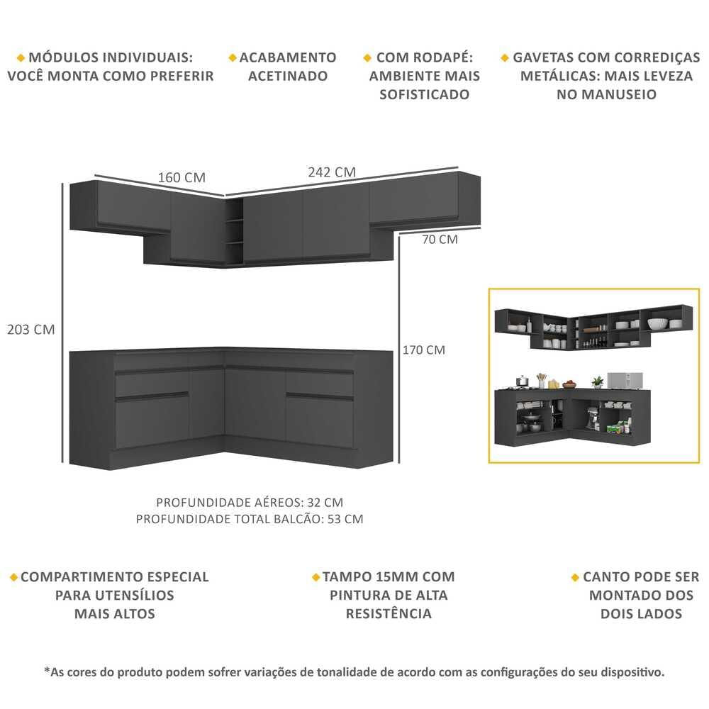 Armário de Cozinha Completa de Canto com Rodapé Veneza Multimóveis MP2104.895 Preto