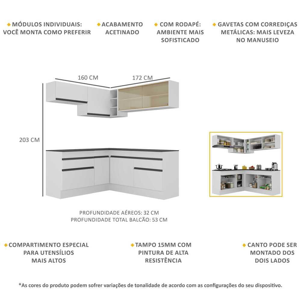 Armário de Cozinha Completa de Canto com Rodapé Veneza Multimóveis MP2097.964 Branco/Preto