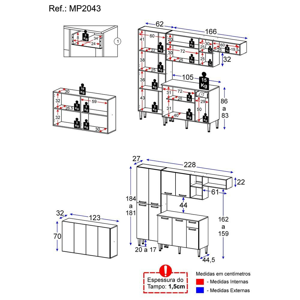 Armário de Cozinha Completa com Buffet/Aparador Paris Multimóveis MP2043 Madeirada/Preta