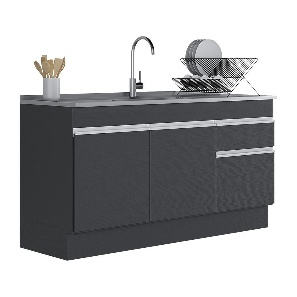 Balcão Cozinha c/ Rodapé Gabinete Pia 150cm 3 Ptas 1 Gav Veneza Multimóveis MP2115.898 Preto/Branco