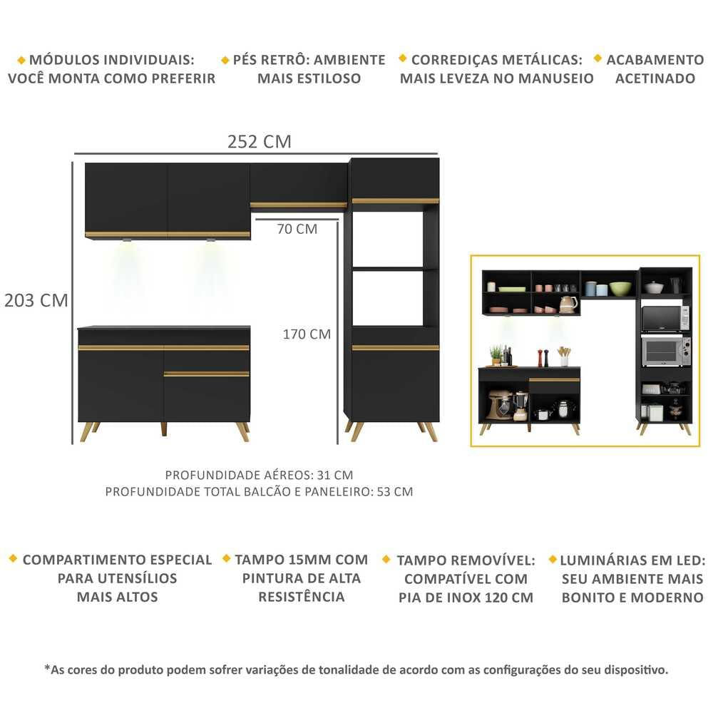 Armário de Cozinha Compacta 4 peças com Leds MP2018 Veneza Up Multimóveis Preta