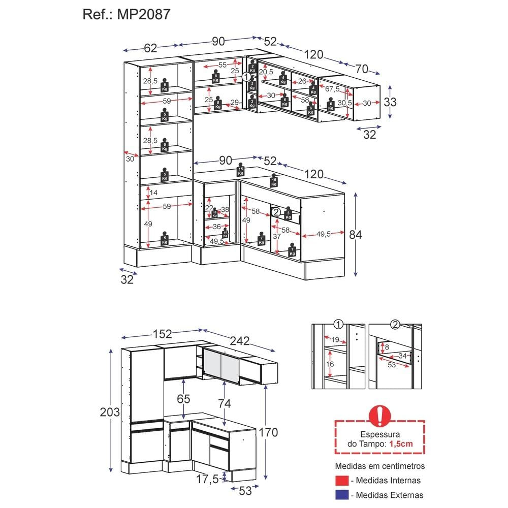 Armário de Cozinha Completa de Canto com Rodapé Veneza Multimóveis MP2087.898 Preto/Branco