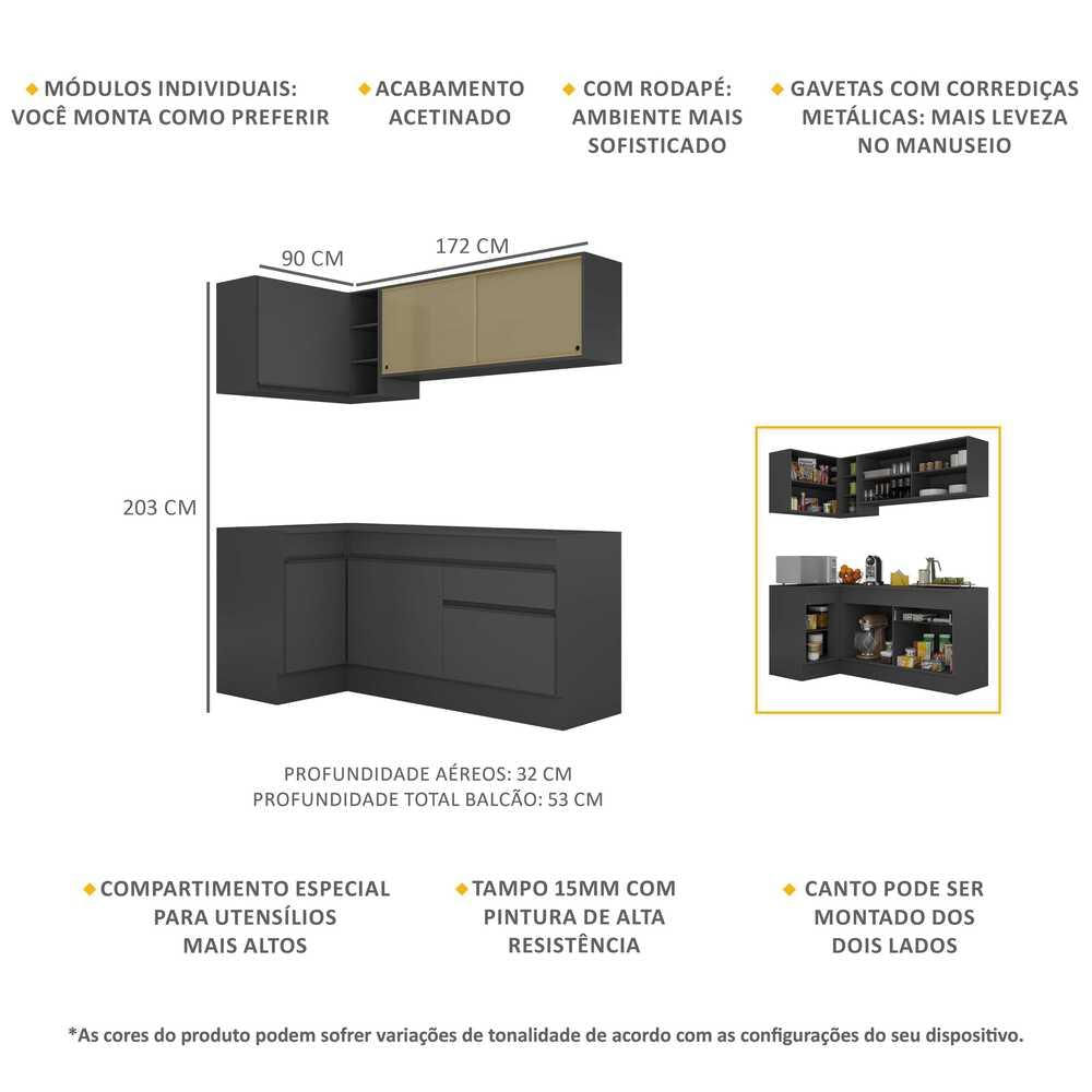 Armário de Cozinha Compacta de Canto com Rodapé Veneza Multimóveis MP2091.895 Preto