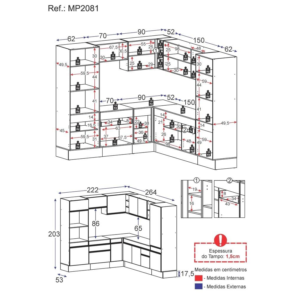 Armário de Cozinha Completa de Canto com Rodapé Veneza Multimóveis MP2081.964 Branco/Preto