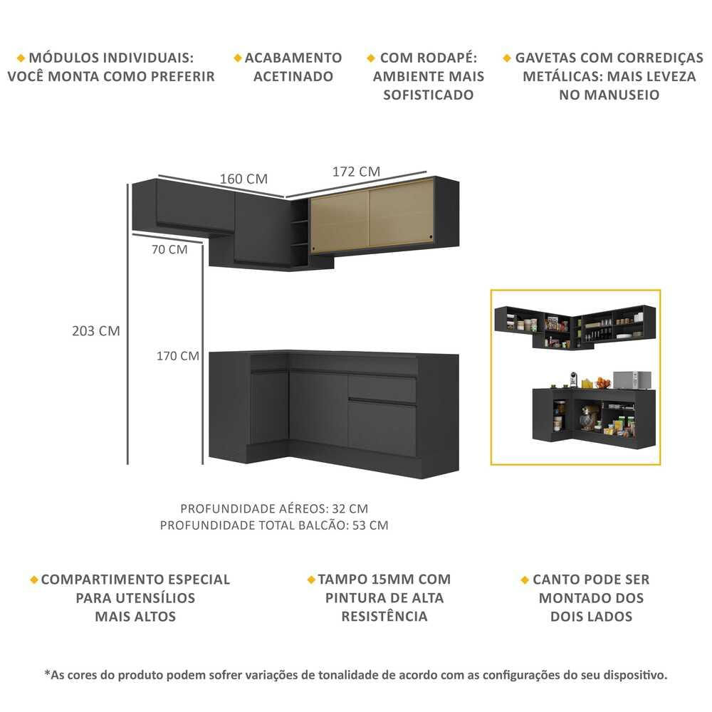 Armário de Cozinha Completa de Canto com Rodapé Veneza Multimóveis MP2094.895 Preto