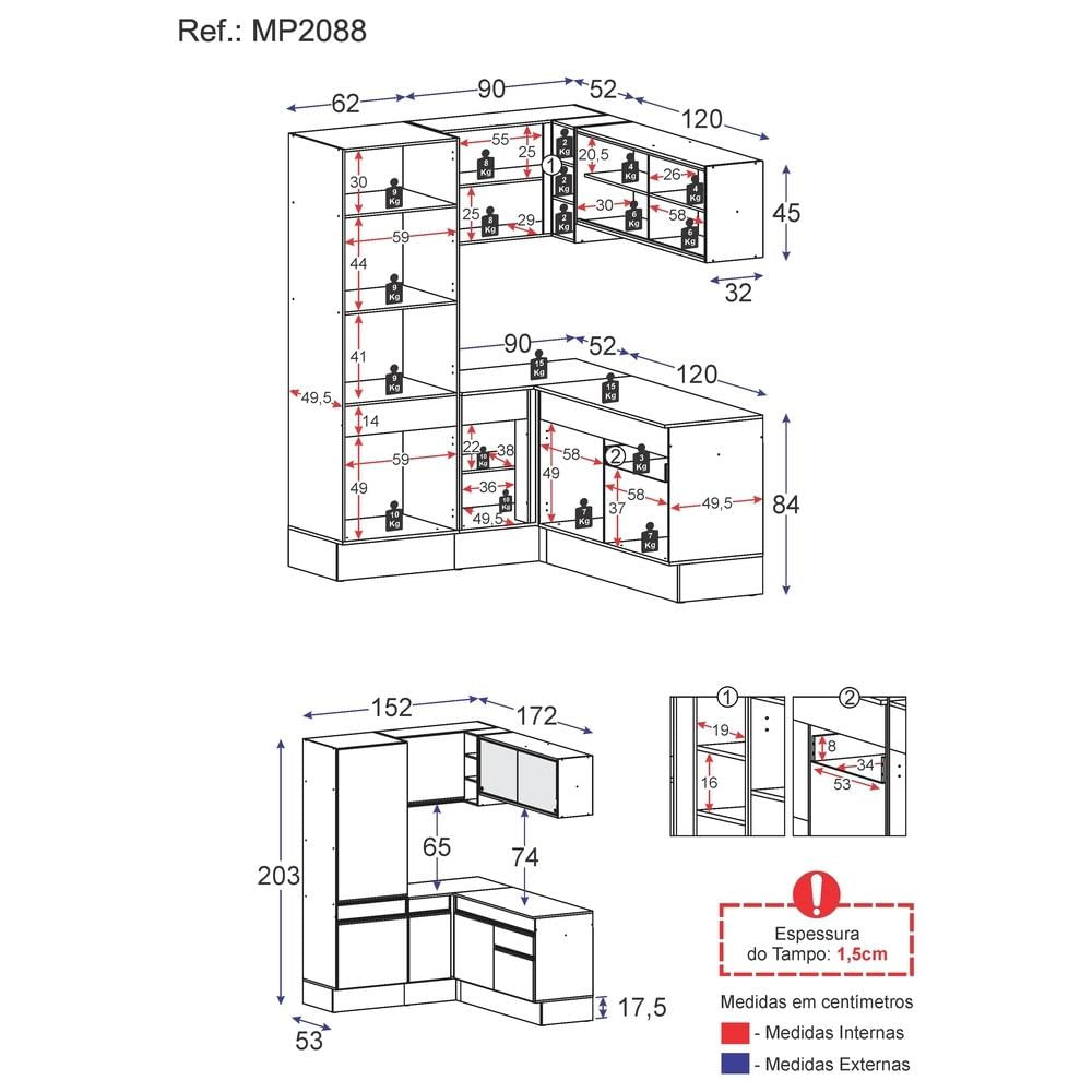 Armário de Cozinha Completa de Canto com Rodapé Veneza Multimóveis MP2088.898 Preto/Branco