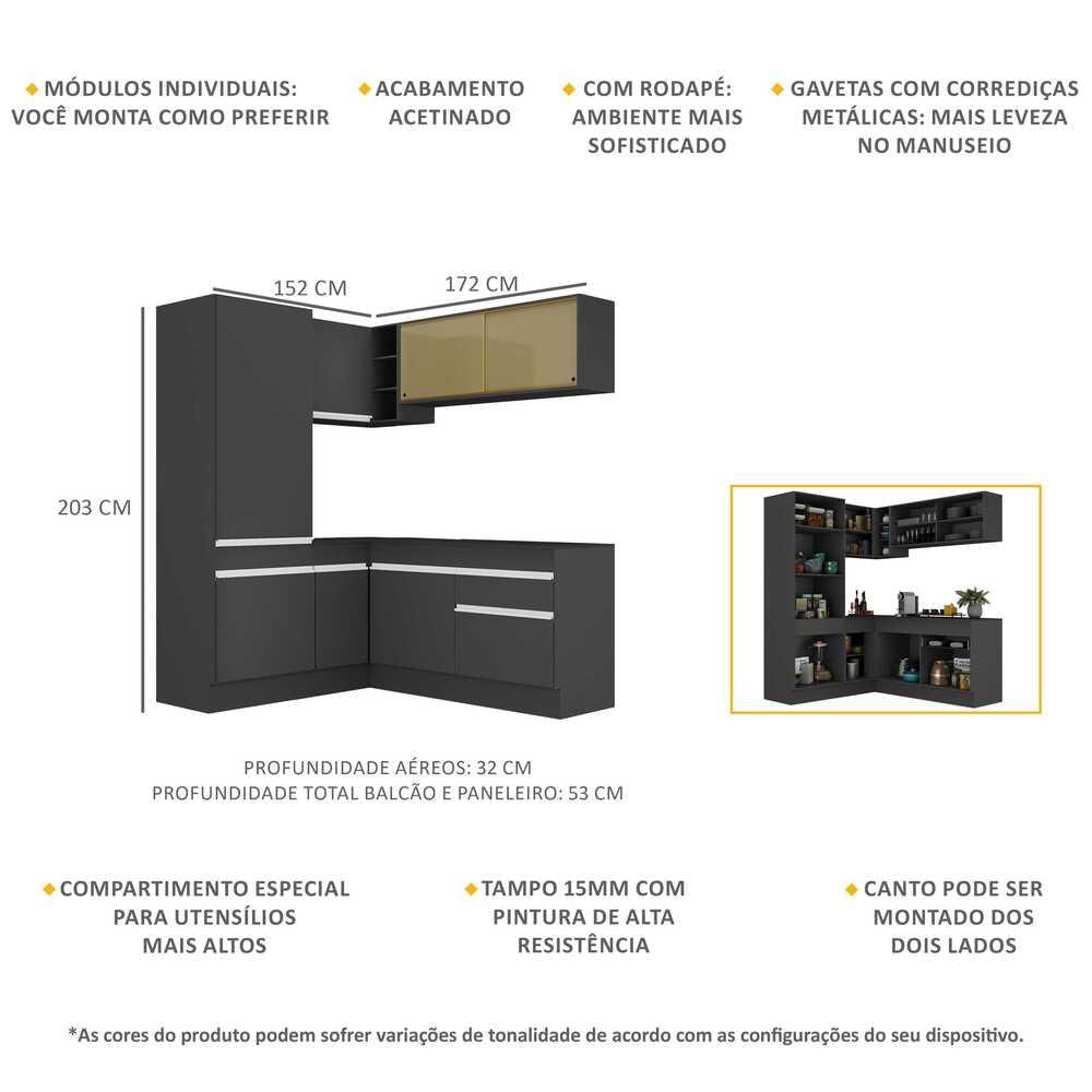 Armário de Cozinha Completa de Canto com Rodapé Veneza Multimóveis MP2088.898 Preto/Branco