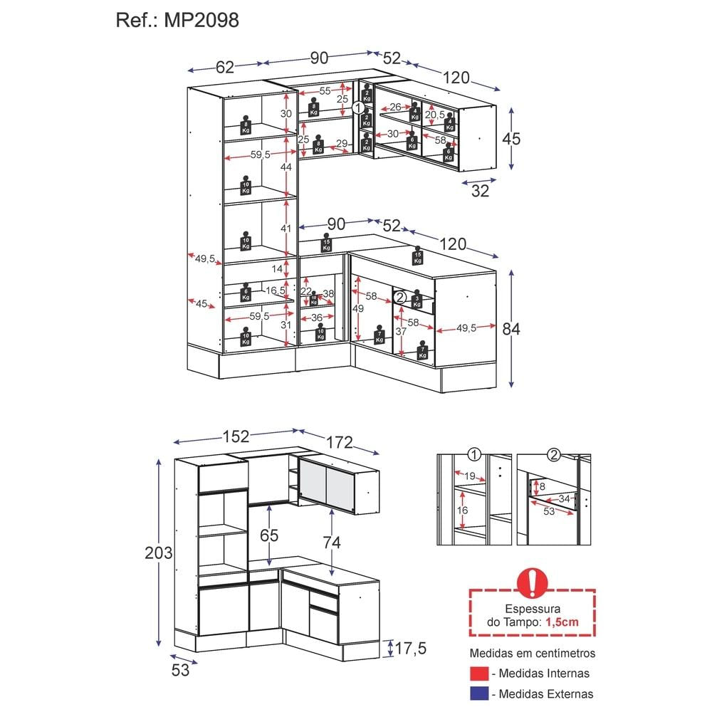 Armário de Cozinha Completa de Canto com Rodapé Veneza Multimóveis MP2098.964 Branco/Preto