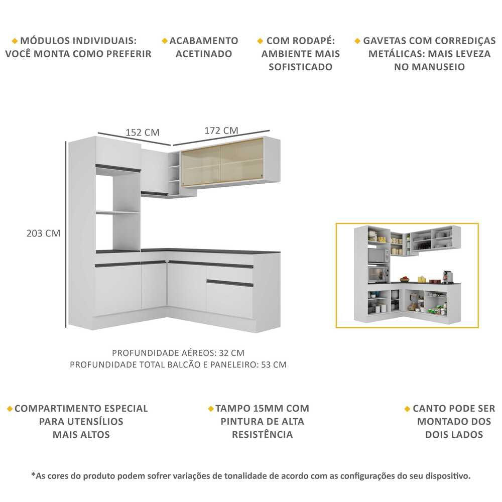 Armário de Cozinha Completa de Canto com Rodapé Veneza Multimóveis MP2098.964 Branco/Preto