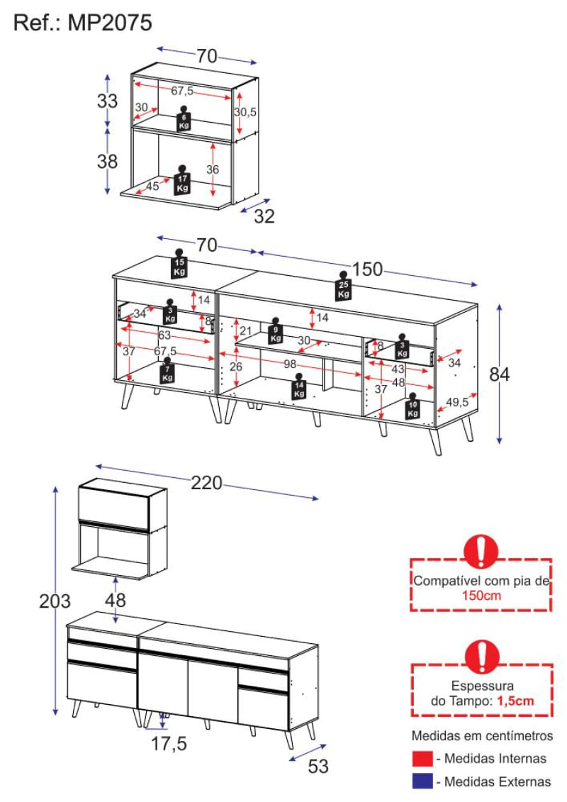 Armário de Cozinha Compacta Veneza GW Multimóveis MP2075 Branca