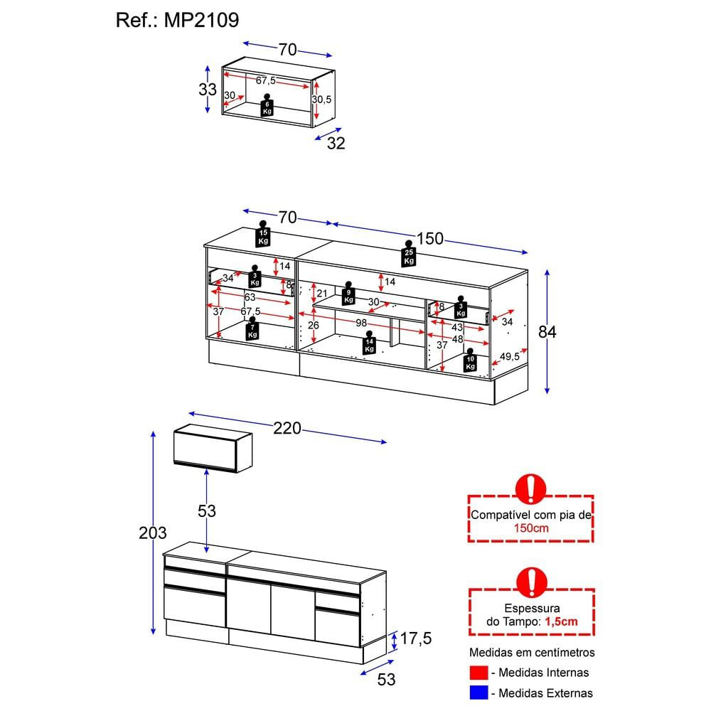 Armário de Cozinha Compacta com Rodapé Veneza Multimóveis MP2109 Branca