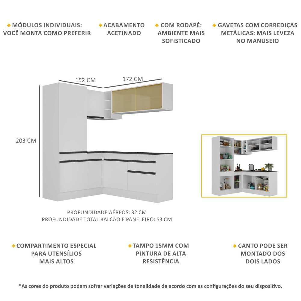 Armário de Cozinha Completa de Canto com Rodapé Veneza Multimóveis MP2088.964 Branco/Preto