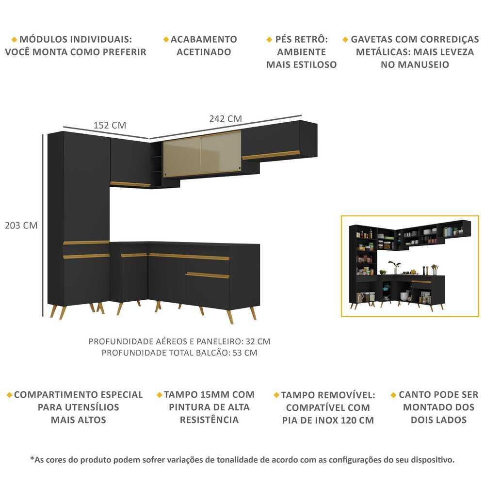 Armário de Cozinha Completa de Canto Veneza GB Multimóveis MP2052 Preta