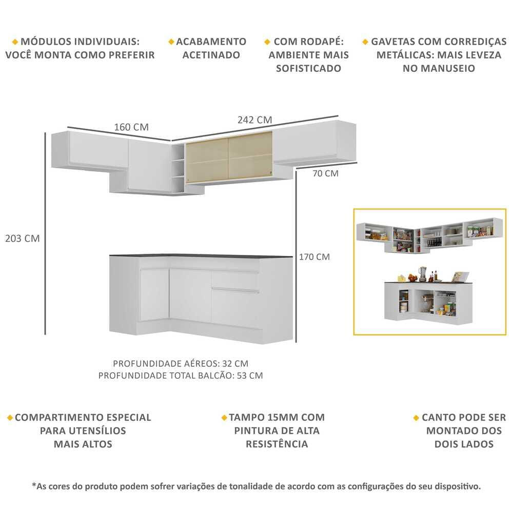 Armário de Cozinha Completa de Canto com Rodapé Veneza Multimóveis MP2095.891 Branco