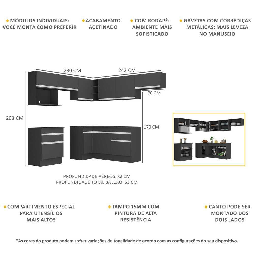 Armário de Cozinha Completa de Canto com Rodapé Veneza Multimóveis MP2106.898 Preto/Branco