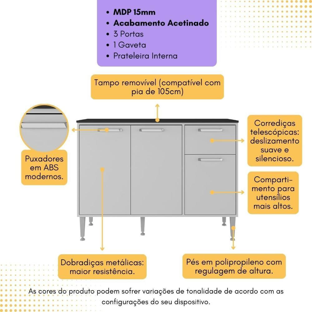 Balcão de Cozinha Gabinete Pia 105cm 3 Portas 1 Gaveta Siena Multimóveis MP2190 Branco