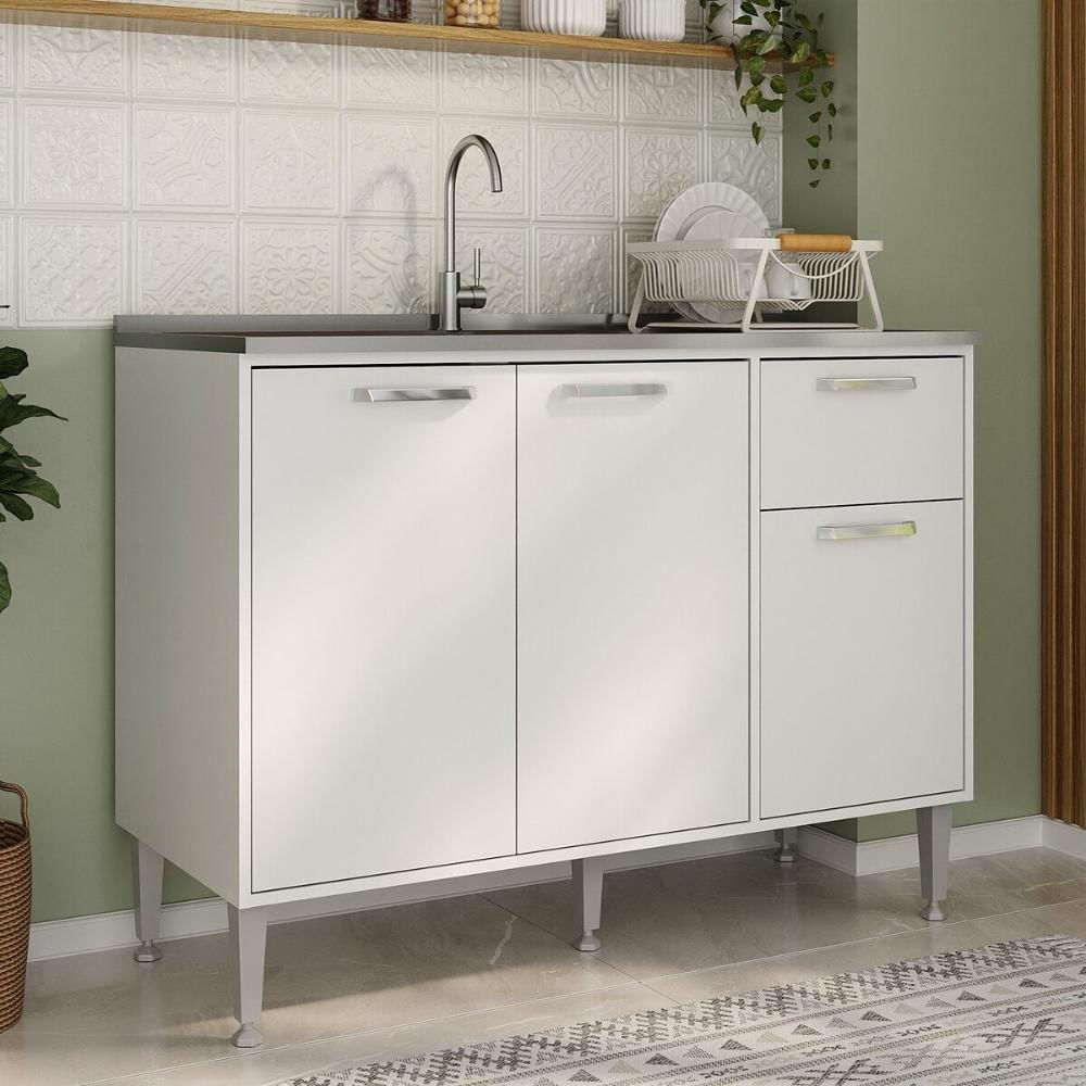 Balcão de Cozinha Gabinete Pia 105cm 3 Portas 1 Gaveta Siena Multimóveis MP2190 Branco