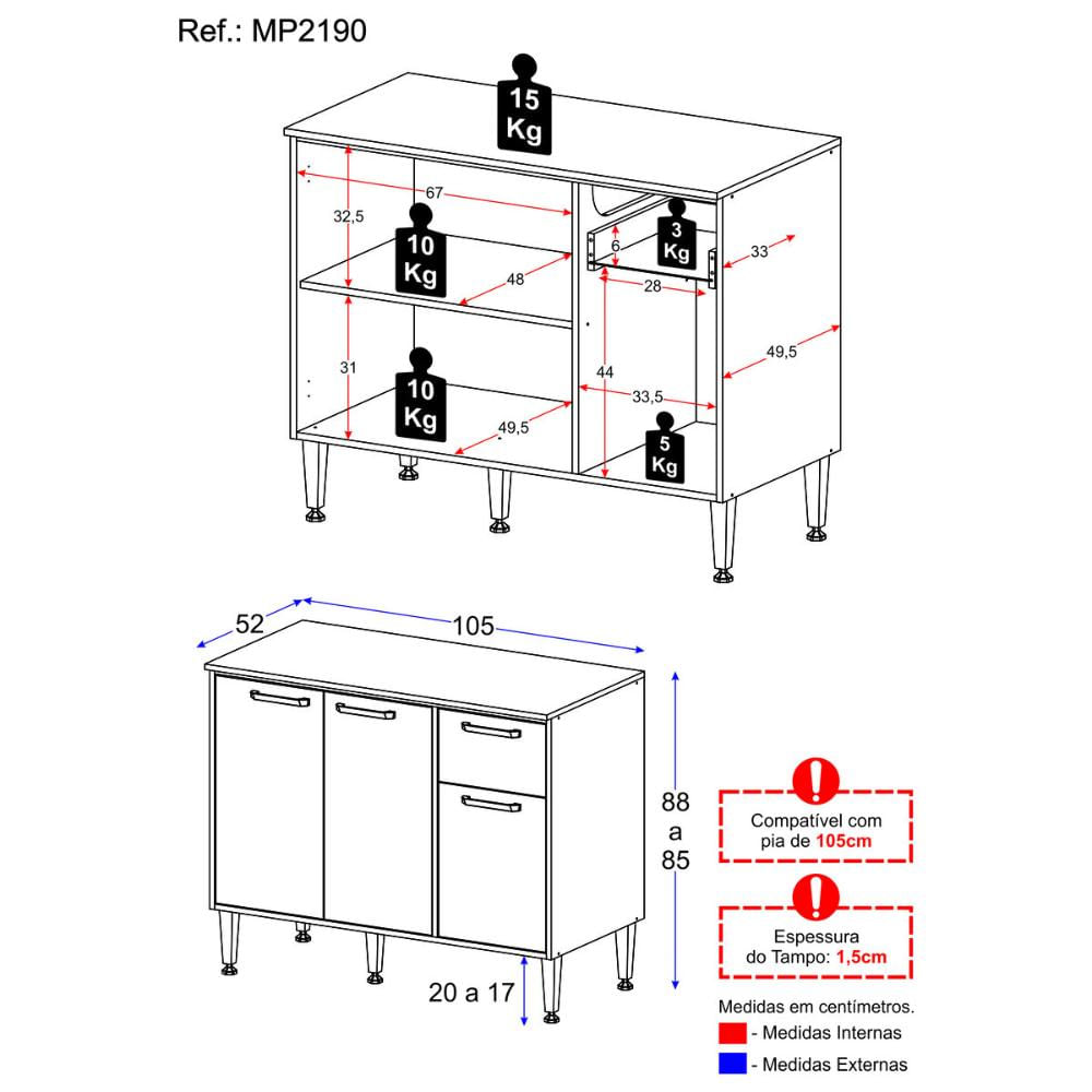 Balcão de Cozinha Gabinete Pia 105cm 3 Portas 1 Gaveta Siena Multimóveis MP2190 Branco