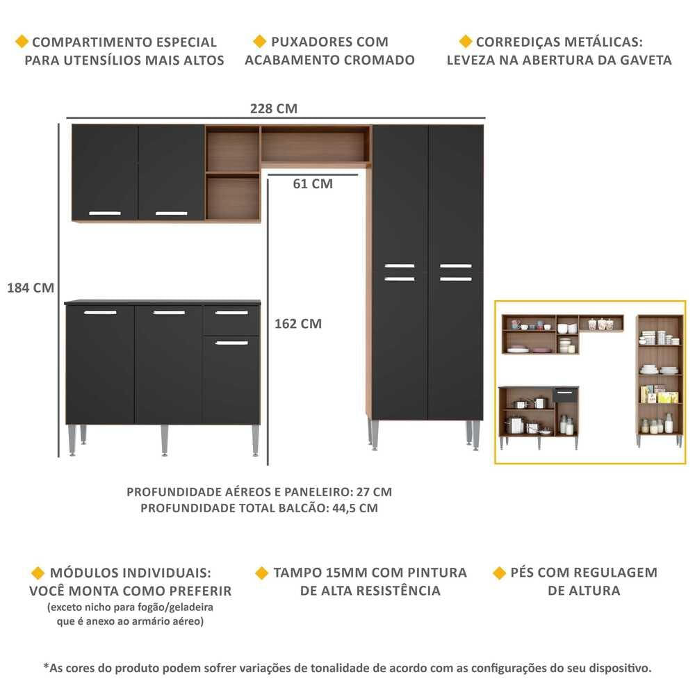 Armário de Cozinha Compacta Pequim UP Multimóveis com Balcão - Madeirado com Preto