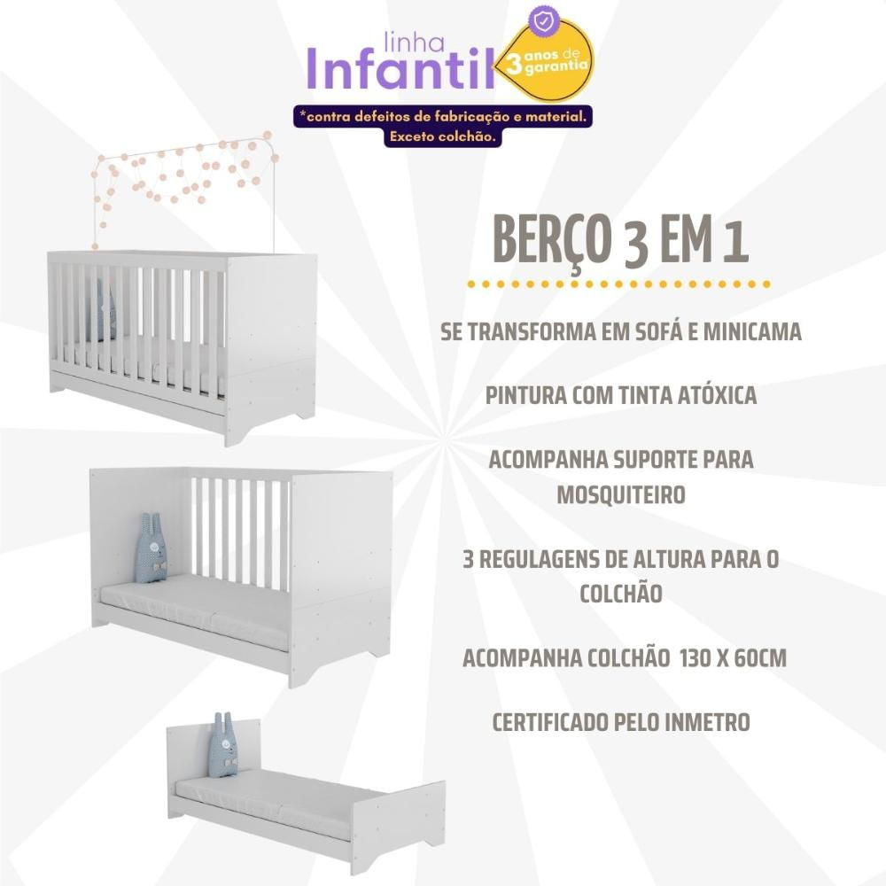 Berço 3x1 com Colchão Incluso e Poltrona de Amamentação Elza Multimóveis MP4088 Branco/Cinza