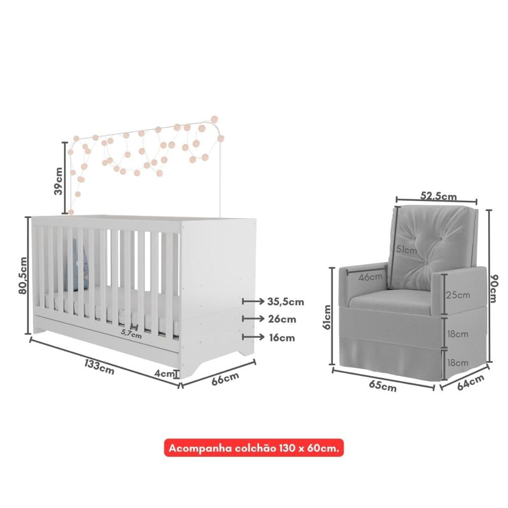 Berço 3x1 com Colchão Incluso e Poltrona de Amamentação Elza Multimóveis MP4088 Branco/Cinza