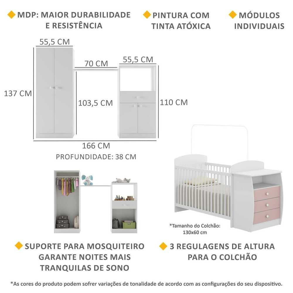 Quarto Infantil com Berço-Cômoda Laura Multimóveis Branco/Rosa