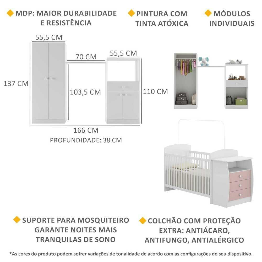 Quarto Infantil com Berço-Cômoda e Colchão Incluso Laura Multimóveis Branco/Rosa