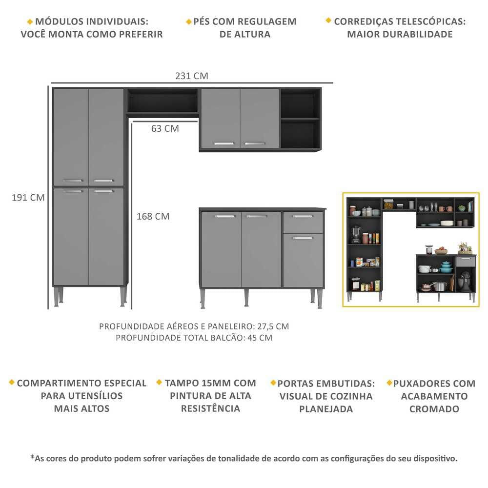 Armário de Cozinha Compacta Xangai Plus Multimóveis Preta/Grafite