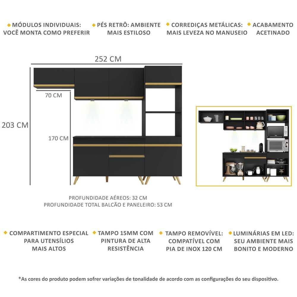 Armário de Cozinha Compacta 4 peças com Leds MP2015 Veneza Up Multimóveis Preta