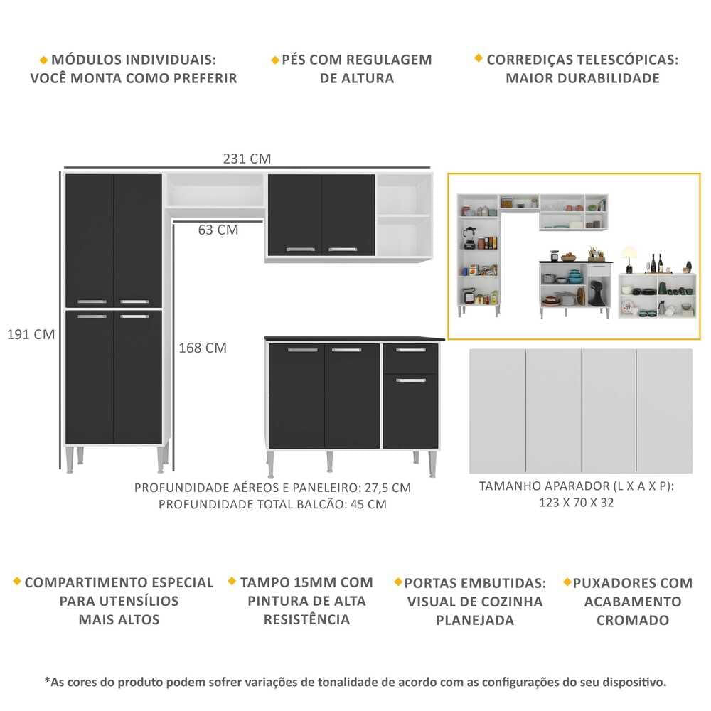 Armário de Cozinha Completa com Buffet/Aparador Siena Multimóveis MP2041 Branca/Preta