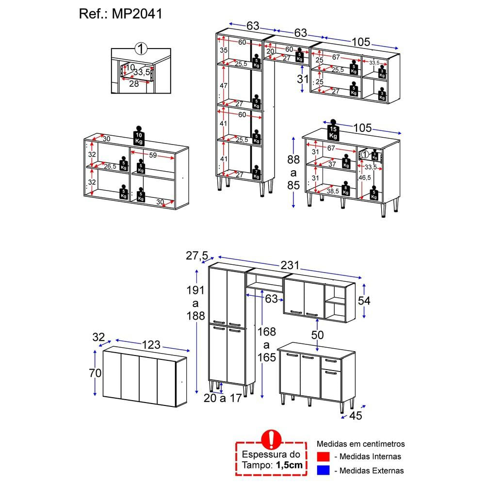 Armário de Cozinha Completa com Buffet/Aparador Siena Multimóveis MP2041 Branca/Preta