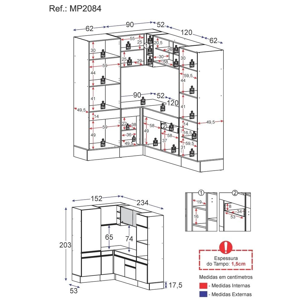 Armário de Cozinha Completa de Canto com Rodapé Veneza Multimóveis MP2084.898 Preto/Branco