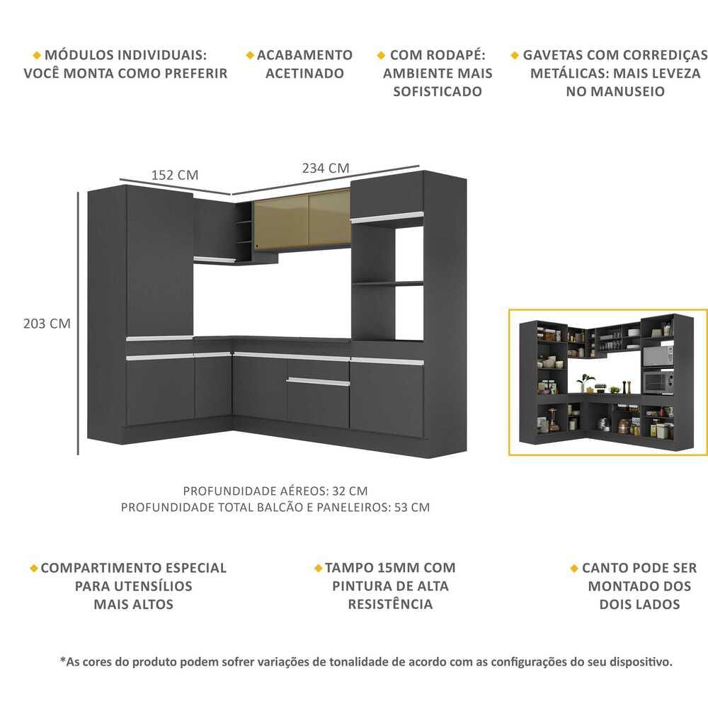 Armário de Cozinha Completa de Canto com Rodapé Veneza Multimóveis MP2084.898 Preto/Branco