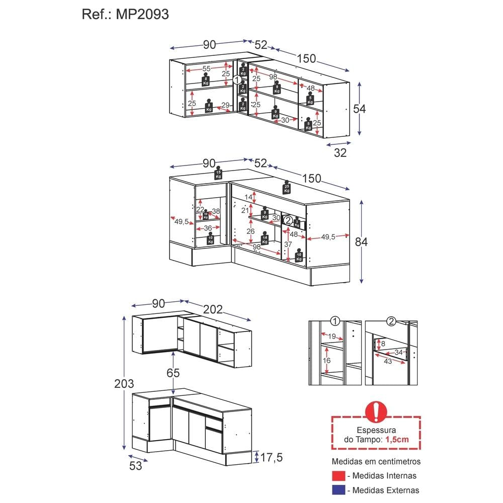 Armário de Cozinha Compacta de Canto com Rodapé Veneza Multimóveis MP2093.898 Preto/Branco