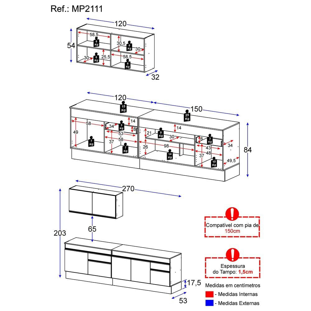 Armário de Cozinha Compacta com Rodapé Veneza Multimóveis MP2111 Branca